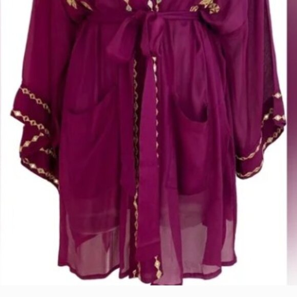 NWT Miss June Dark Fuhsia Embroidery Embellished Belted Kimono Jacket CoverUp OS - Picture 4 of 12